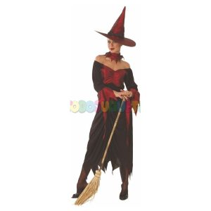 Disfraz Bruja rojo-negro con sombrero Adulto